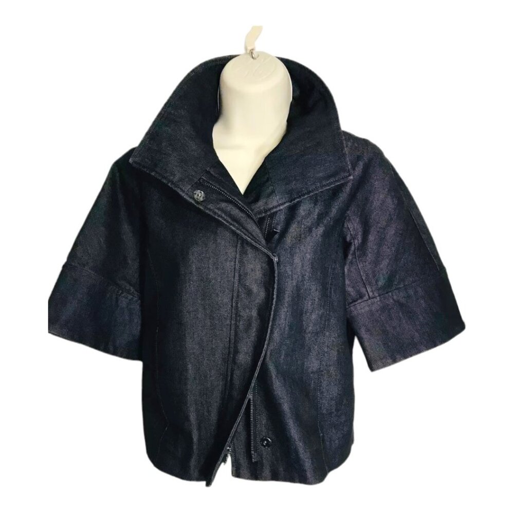 KENNETH COLE NEW YORK JEANS JACKET CROPPED DARK WASH 3/4 SLEEVE FRONT/ZIP - Picture 7 of 11